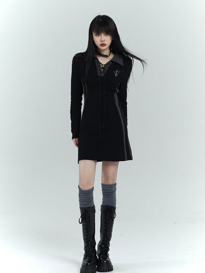 Gothic Black Short Version Dress with Lace-up Detail at Front