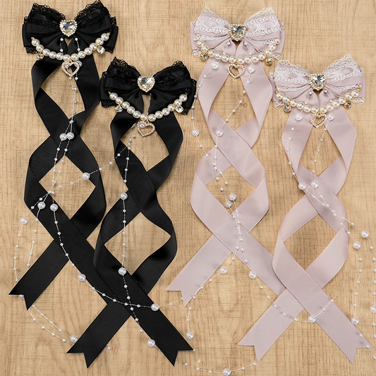 5 Colors Jirai Kei Heart Rhinestone Bow Hairclips with Beaded Chains