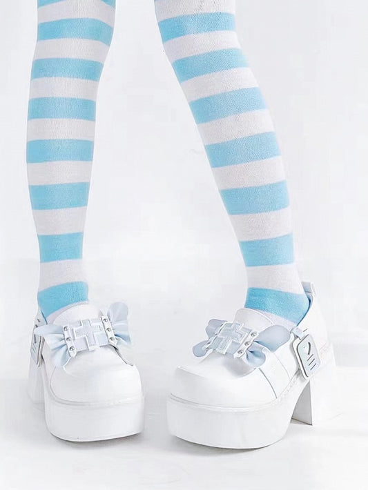 Punk Cross Wings White and Blue Jirai Kei Platforms High Block Heel