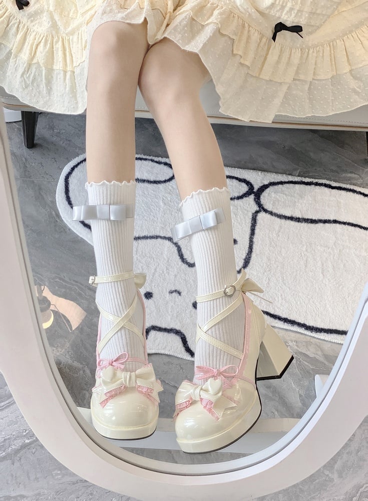 7CM Creamy White & Pink Bow at Top Crisscross Design Sweet Lolita Platform High Block Heels