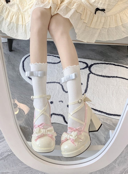 7CM Creamy White & Pink Bow at Top Crisscross Design Sweet Lolita Platform High Block Heels