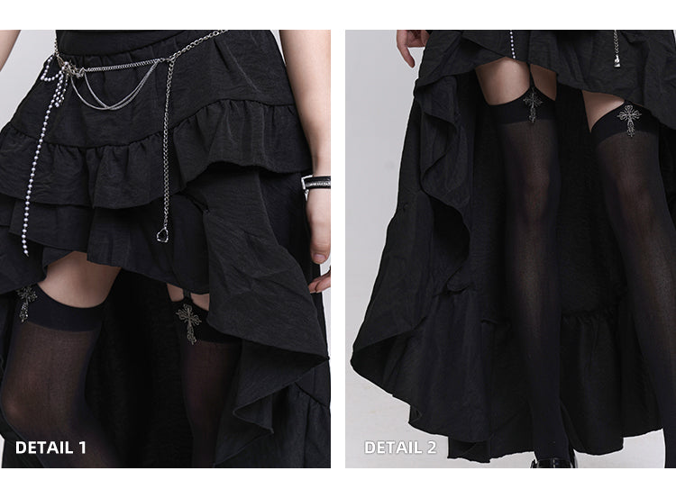 Black Cascading Flounce Trim High-low Skirt