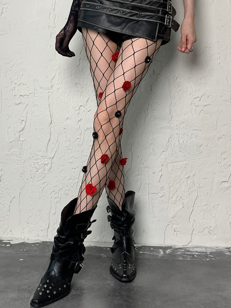 Black Y2K Floral Details Fishnet Tights