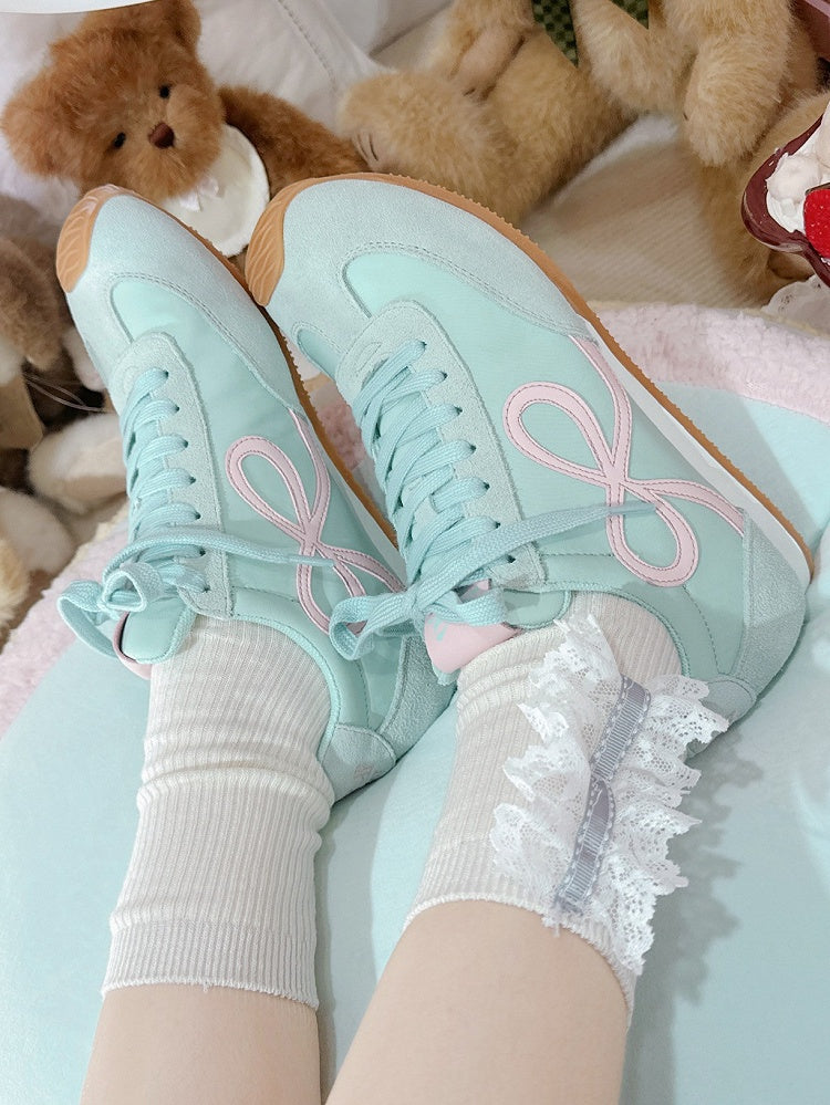 Green Bowknot Design Front Lace-up Ties Sneakers