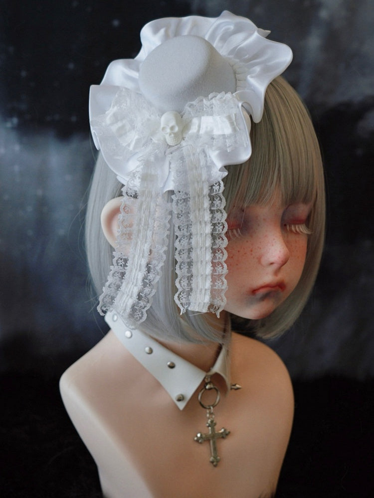 White Gothic Skeleton Lace Bow Ruffle Hem Hat Hairclip