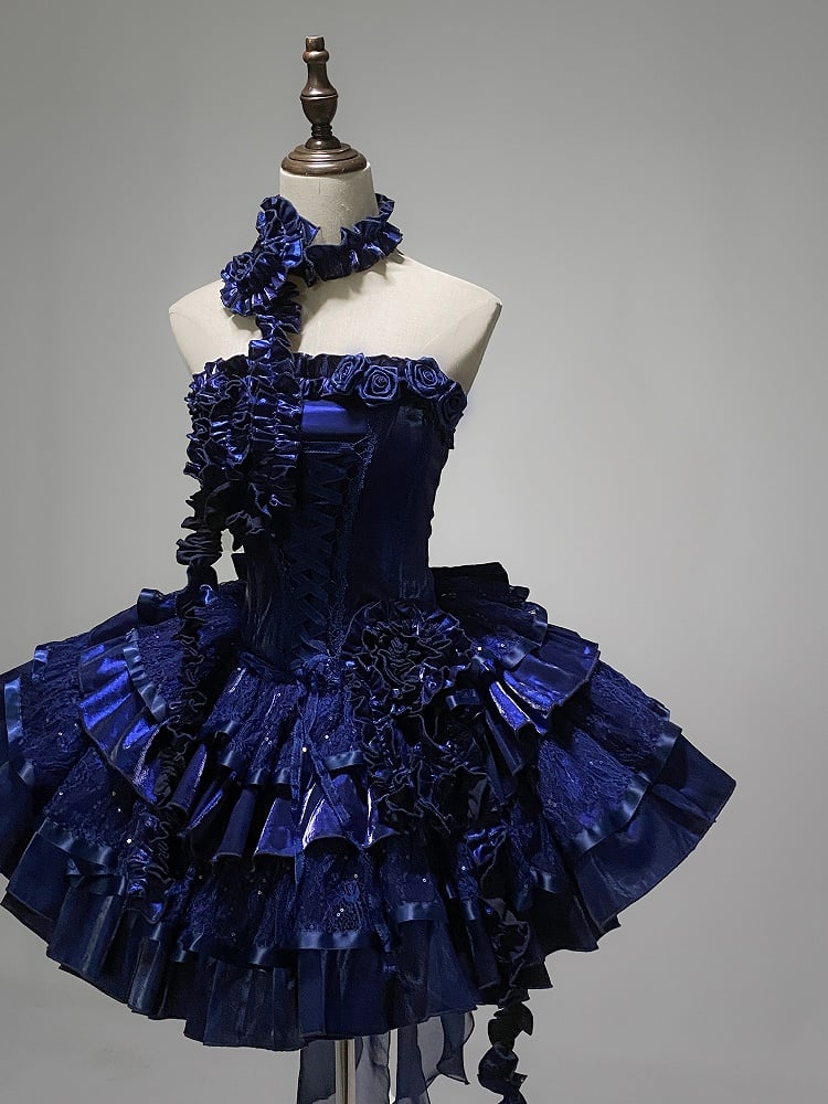 Clearance-Size S for Bust 80-90CM Klein Blue Roses Neckline Lolita Goth Boning Dress Sequins Tiered Puffy Dress