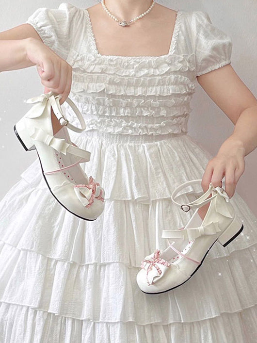 White and Pink Bow at Top 3cm Heel Sweet Round Toe Mary Janes