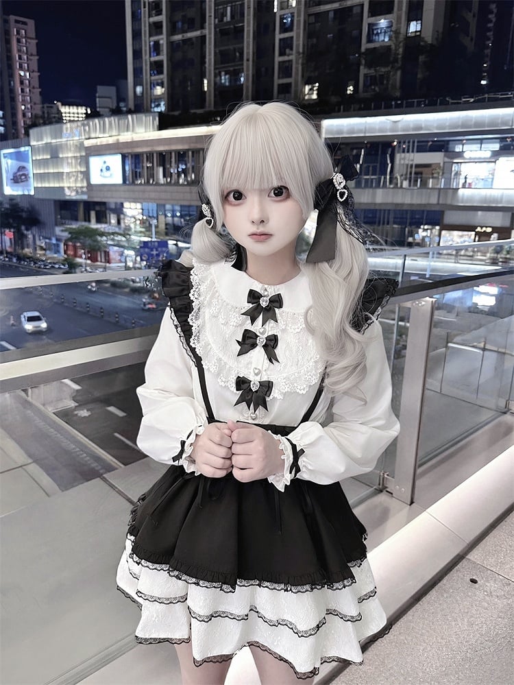 Jirai Kei Black and White Flutter Sleeves Lace-up Details Overalls Tiered Skirt