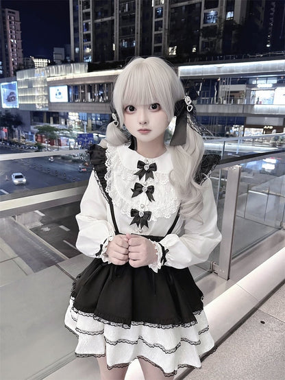 Jirai Kei Black and White Flutter Sleeves Lace-up Details Overalls Tiered Skirt