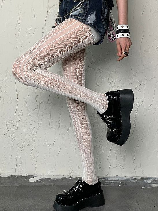 Gyaru Fashion White Wasteland Punk Hollow-out Design Y2K Tights