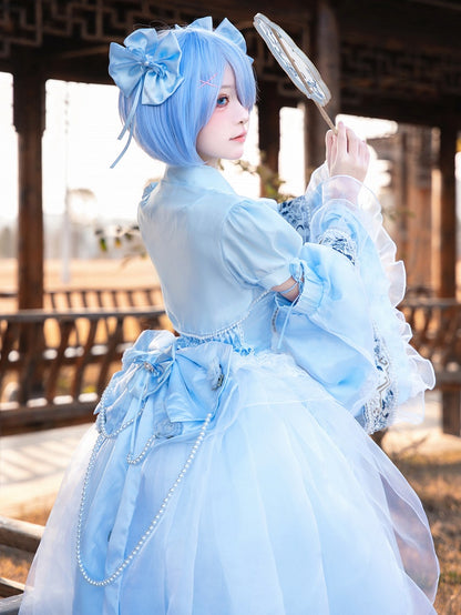 Plus Sizes Available Blue Princess Lolita Boned Waist Top + High-low Skirt Full Set