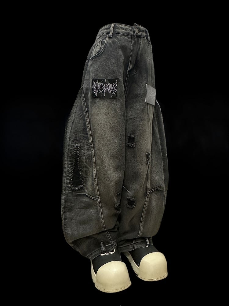 Dark Gray Letter Applique Distressed Holes Details Wide-leg Cut Jeans