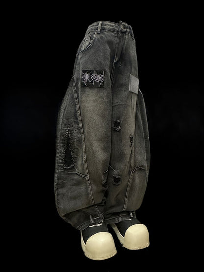 Dark Gray Letter Applique Distressed Holes Details Wide-leg Cut Jeans