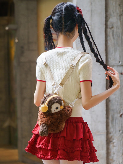Brown Cute Plush Owl Backpack/Crossbody Bag+ Keychain