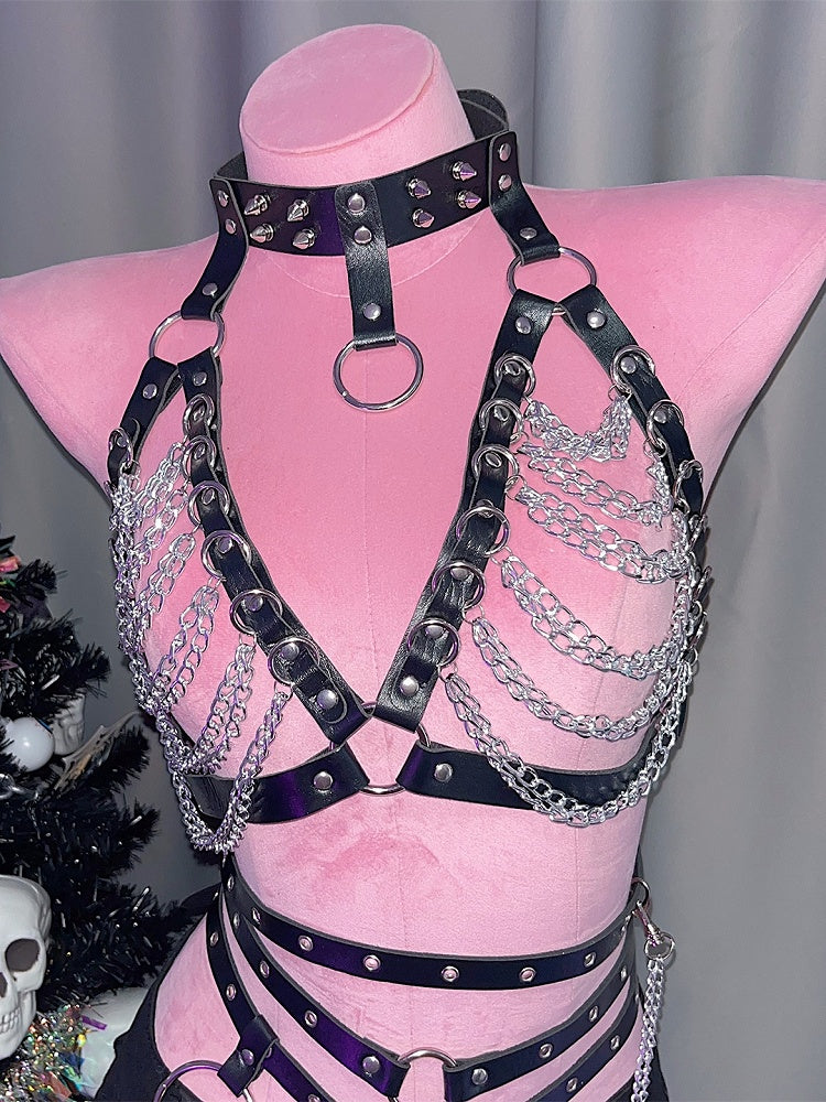 Black Punk Studs Details PU Chest Chain