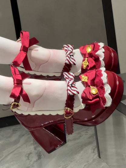 Lace Layers, Bow Accents & Decorative Heart Buckle PU Wine Red 8cm High Heels in Sweet Lolita