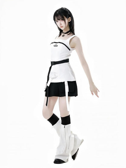 Black and White Zipper Detail Drawstring Cuffs Techwear Flared Leg Warmers