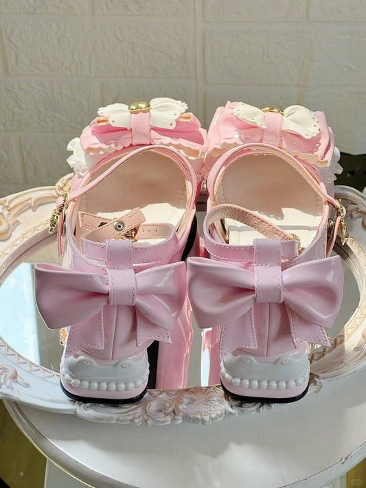 Sweet Lolita Pink Mary Janes - Bear-shaped Heel with Layered Bows at Top & Teddy Bear Decor Buckle