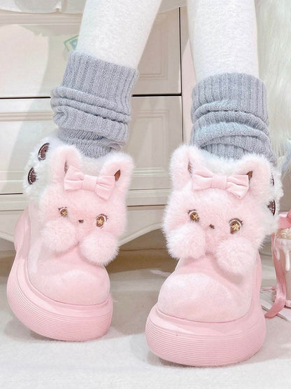 Plush Bunny Embellishments & Fleece Lining Pink Winter Boots in Sweet Lolita