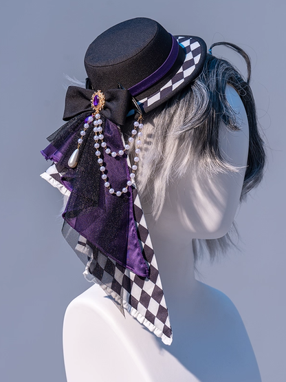 Ouji Lolita Dark Blue/Brown/Purple Checked Pattern Mini Hat with Beaded Chains