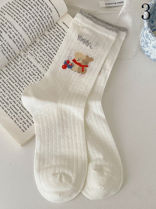 4 Options White/Grey Puppy/Star/Apple Print Calf Socks