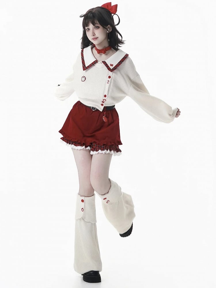 Regular/Thicken White Knit Crop Sweatshirt with Red Plaid Collar and Apple Embroidery