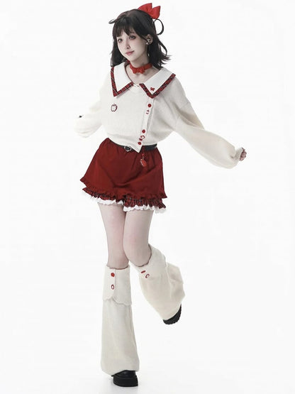 White Knit Leg Warmers with Adorable Apple Button Accents