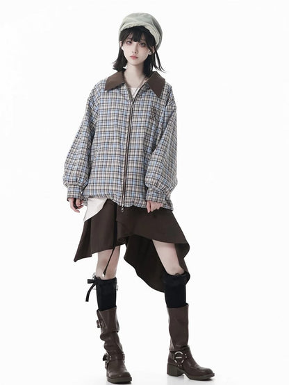 Millard Fashion 2-Way Convertive Jacket: Caramel Brown & Blue Vintage Plaid