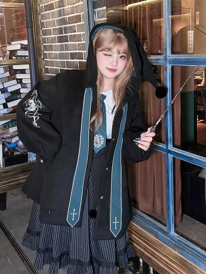 Plus Size Crosses Embroidery Black Witch Coat