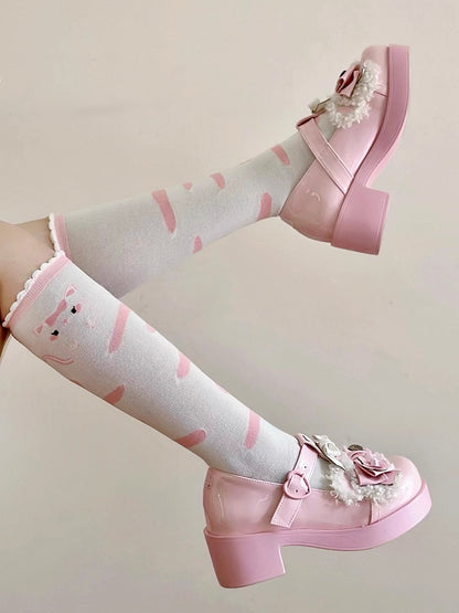 Pink Kitty Print Bowknot Pattern White Lolita Calf Socks