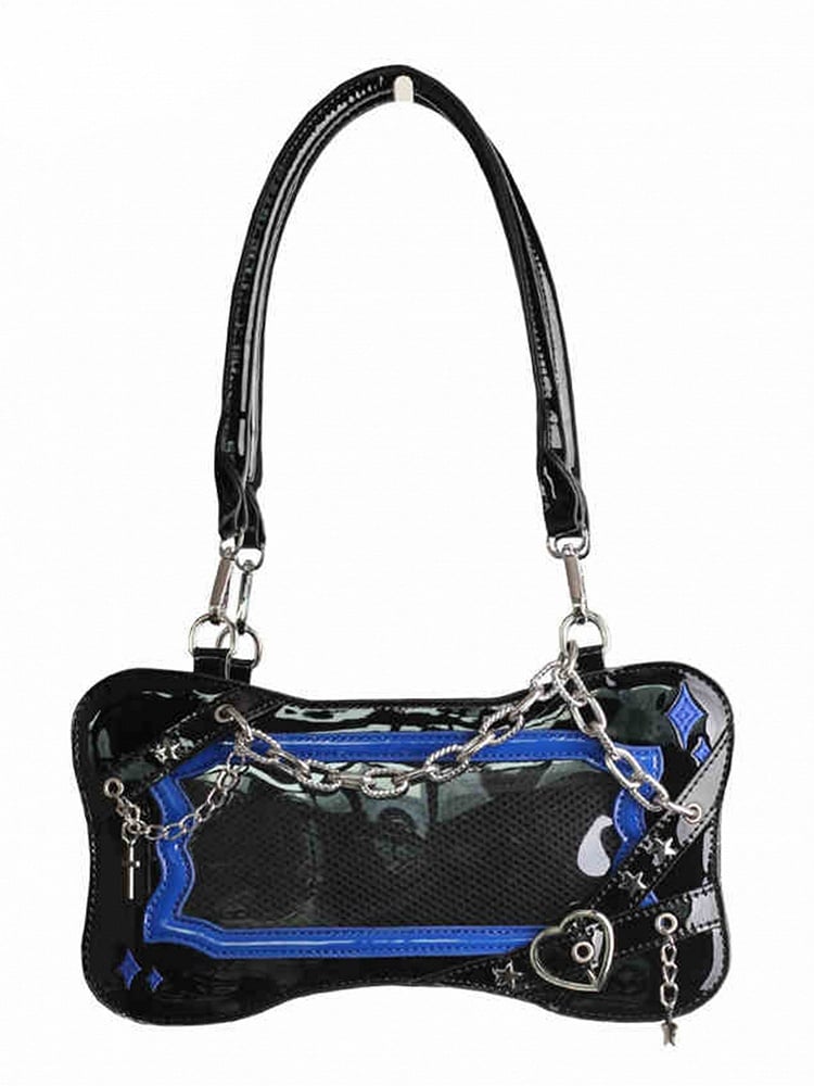 Black & Dark Blue Bone Shape Ita Shoulder Bag with Cross Charm Chain