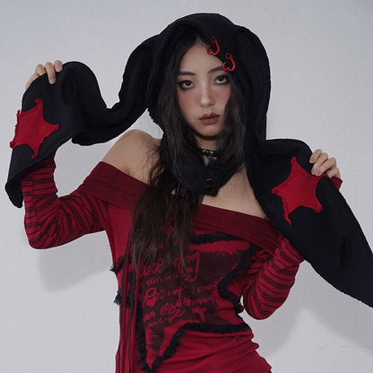 Distressed Holes Punk Bunny Ears Hat Black/Red