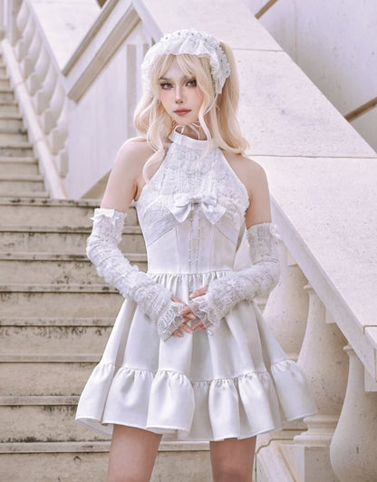 White Halter Neck Fairy Dress Structured Flowers Bodice