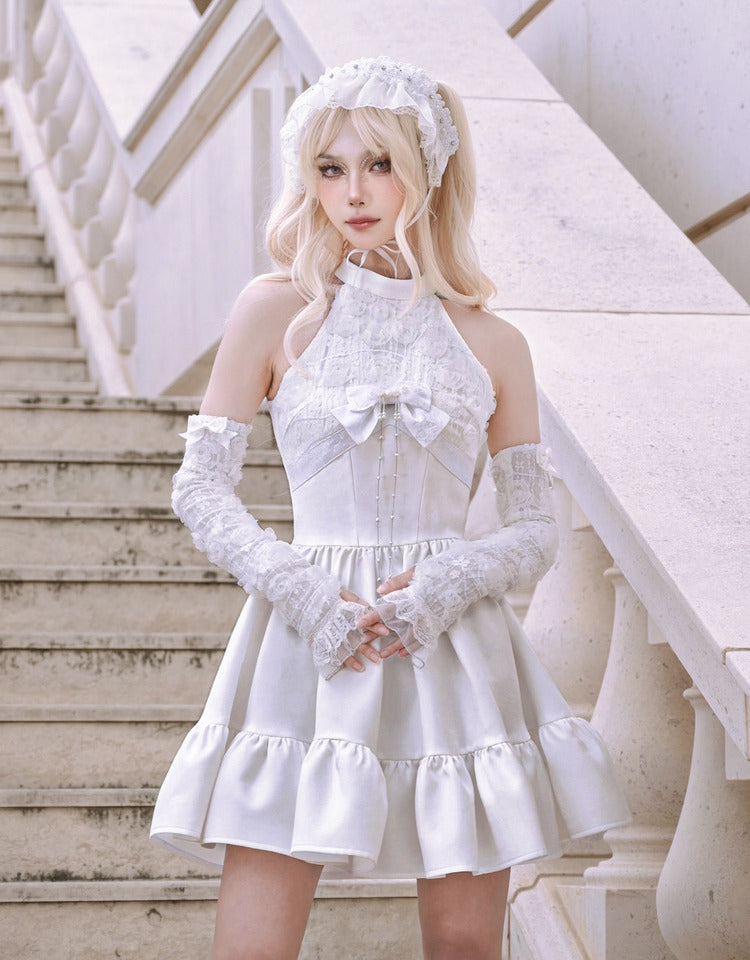 White Halter Neck Fairy Dress Structured Flowers Bodice