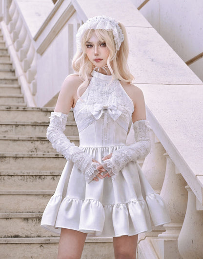 White Halter Neck Fairy Dress Structured Flowers Bodice