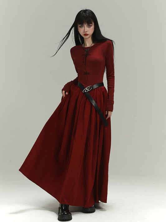 Gothic Wine Red Cross Print Backless/Covered-Back Slim-fitting Dress