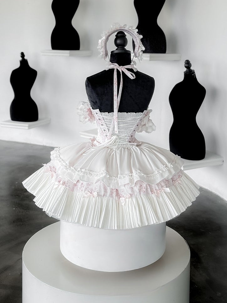 Pink & White Sweet Lolita Floral-Print Corset Top + Skirt + Choker + Arm Rings + KC Full Set