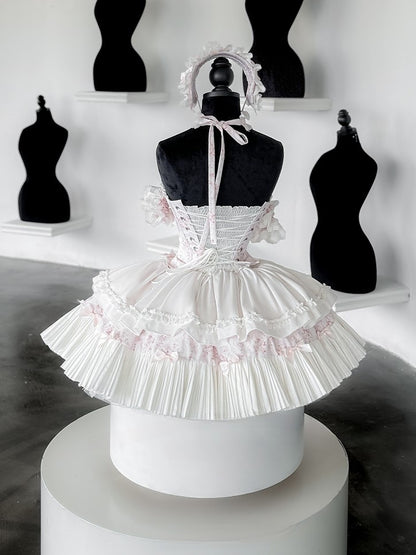 Pink & White Sweet Lolita Floral-Print Corset Top + Skirt + Choker + Arm Rings + KC Full Set