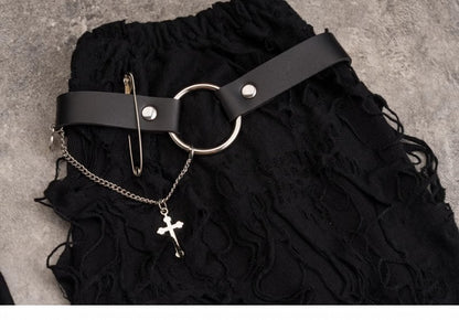 Cross Decorated Distressed Holes Gothic Black Leg Warmers