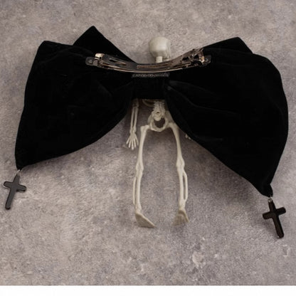 Handmade Skeleton Gothic Black Velvet Big Bow Hairclip with Crosses