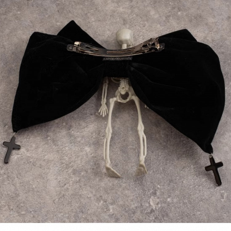 Handmade Skeleton Gothic Black Velvet Big Bow Hairclip with Crosses