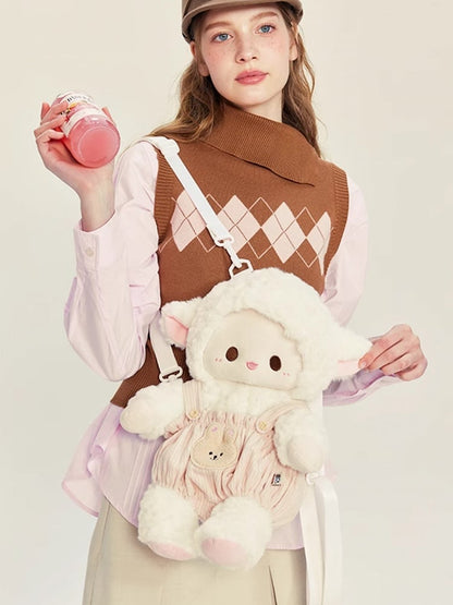 White&Pink Cute Plush Lamb Backpack + Overall Pants Middle/Large Size