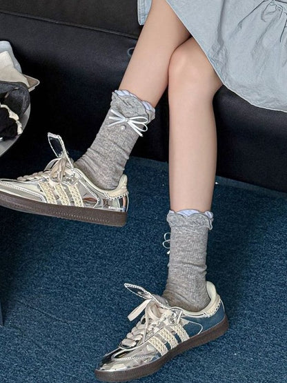 White/Black/Blue/Gray/Dark Gray Lolita Bowknot Details Ruffled Cuff Calf Socks