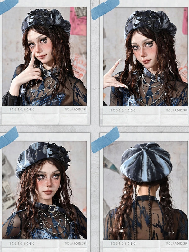 Grunge Punk Rock PU Star Studs Design Blue and Black Tie Dye Beret