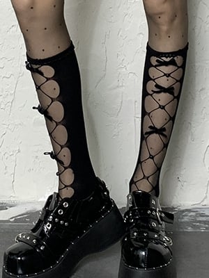 Black Bowknot Cut-out Design Under-knee Stockings