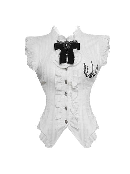 White Sleeveless Blouse with Ruffle Trim and Candelabra Embroidery