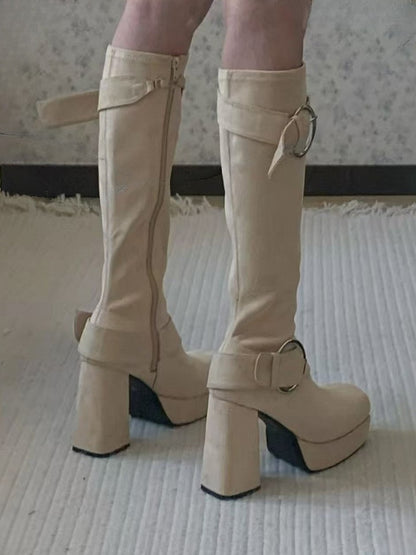 Khaki Lolita Platform Knee-High Boots - Square Toe High Block Heel with Buckle Accents & Inner Zip