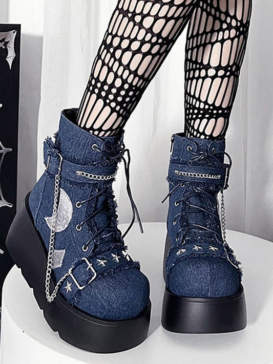 Blue Moon Applique Buckle Ankle Strap Platform Boots