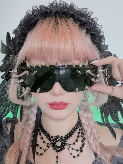 Dark/White/Green/Yellow Stud Detail Cyberpunk Sunglasses