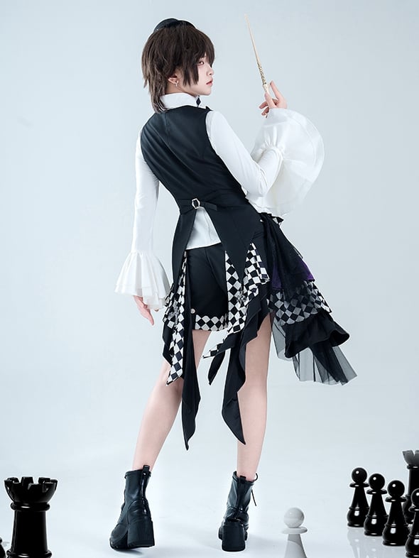 Black Prince Ouji Lolita Outfit- Foldover Collar Waistcoat+ Shorts+ Train+ Jabot Tie Full Set